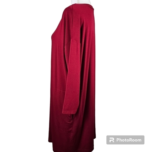 Eileen Fisher Viscose Jersey Stretch Knit Red Lagenlook Midi Dress in Small - Picture 5 of 8